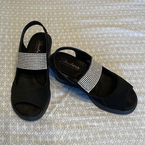 Size 8 Skecher peep toe wedges black with rhinestones